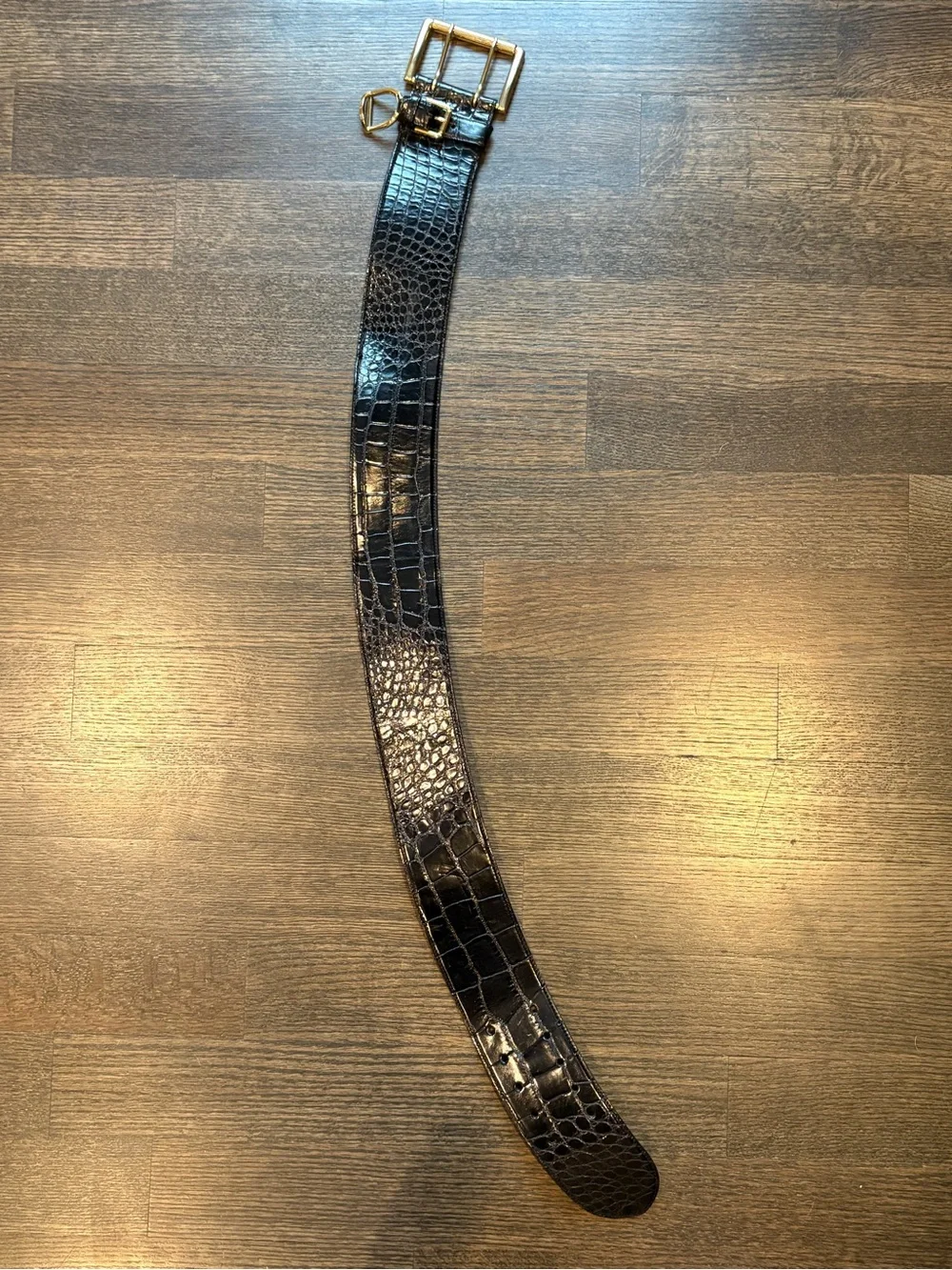 Black Ralph Lauren Genuine Croc. Belt w/ Brass Hardware, M, Black Label